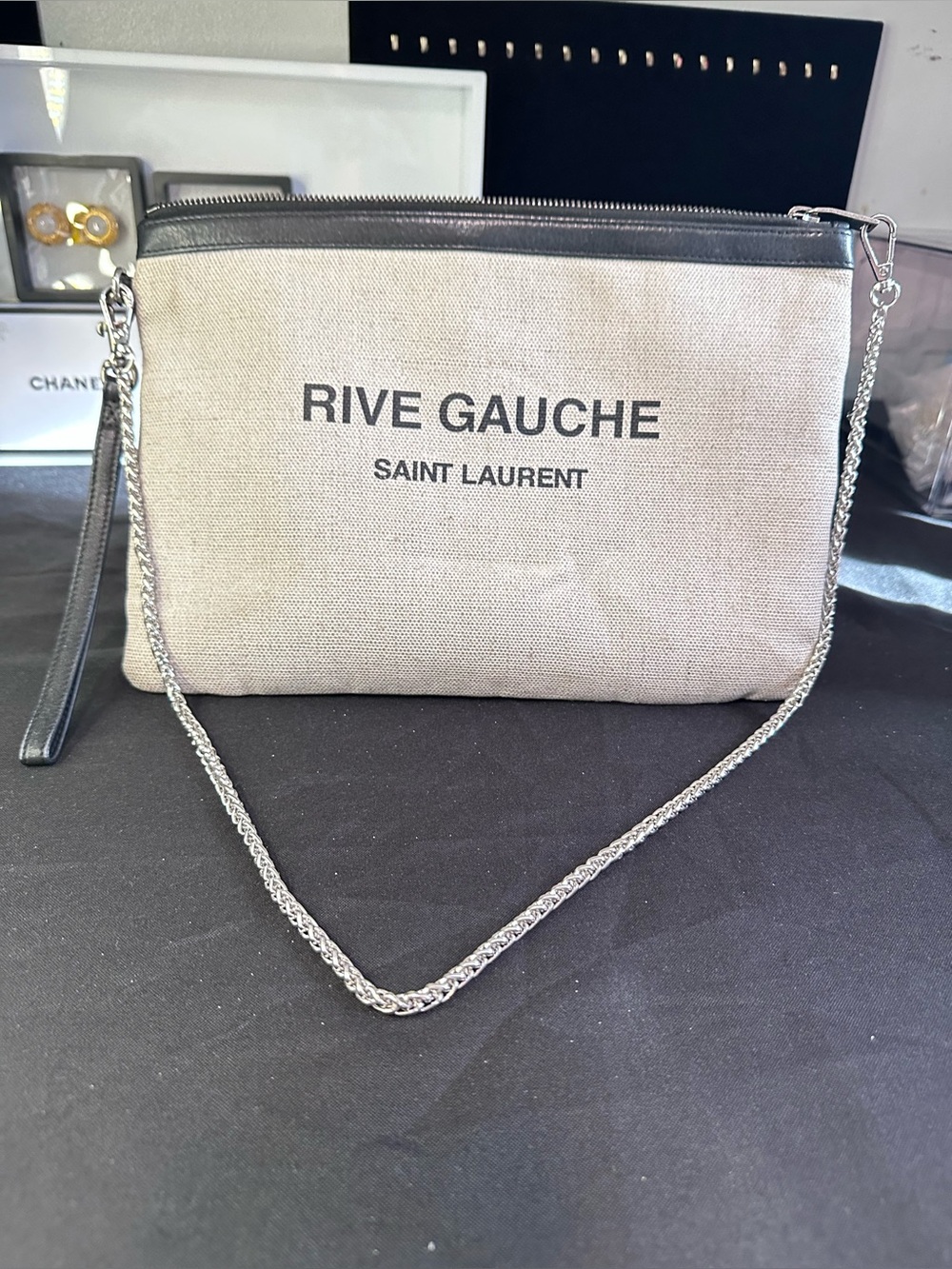 Saint Laurent Rive Gauche Crossbody/Clutch Bag Coated Canvas Leather Ivory Black - Picture 14 of 16